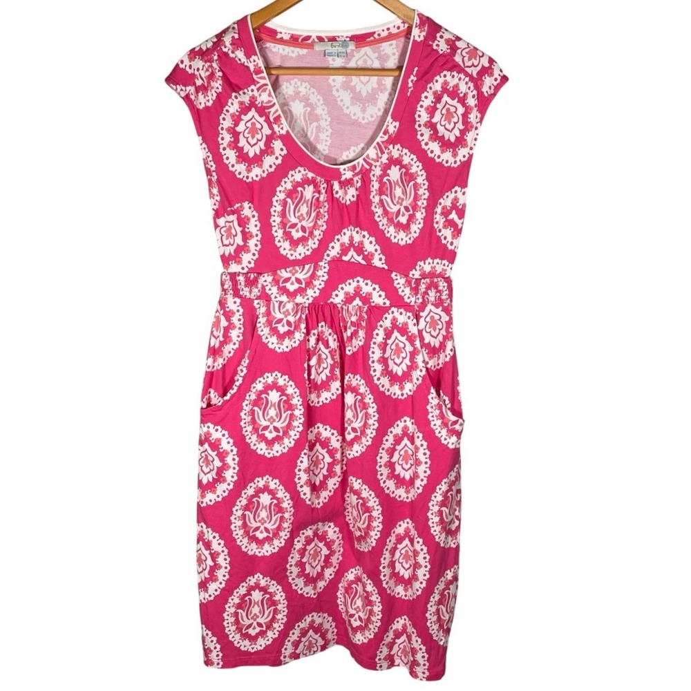 Boden Size 6 Midi Dress Pink Cap Sleeve‎ White Summer Beachy Resort Wear Pockets